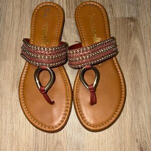 Beaded Toe-Ring Slide Sandals in Rust